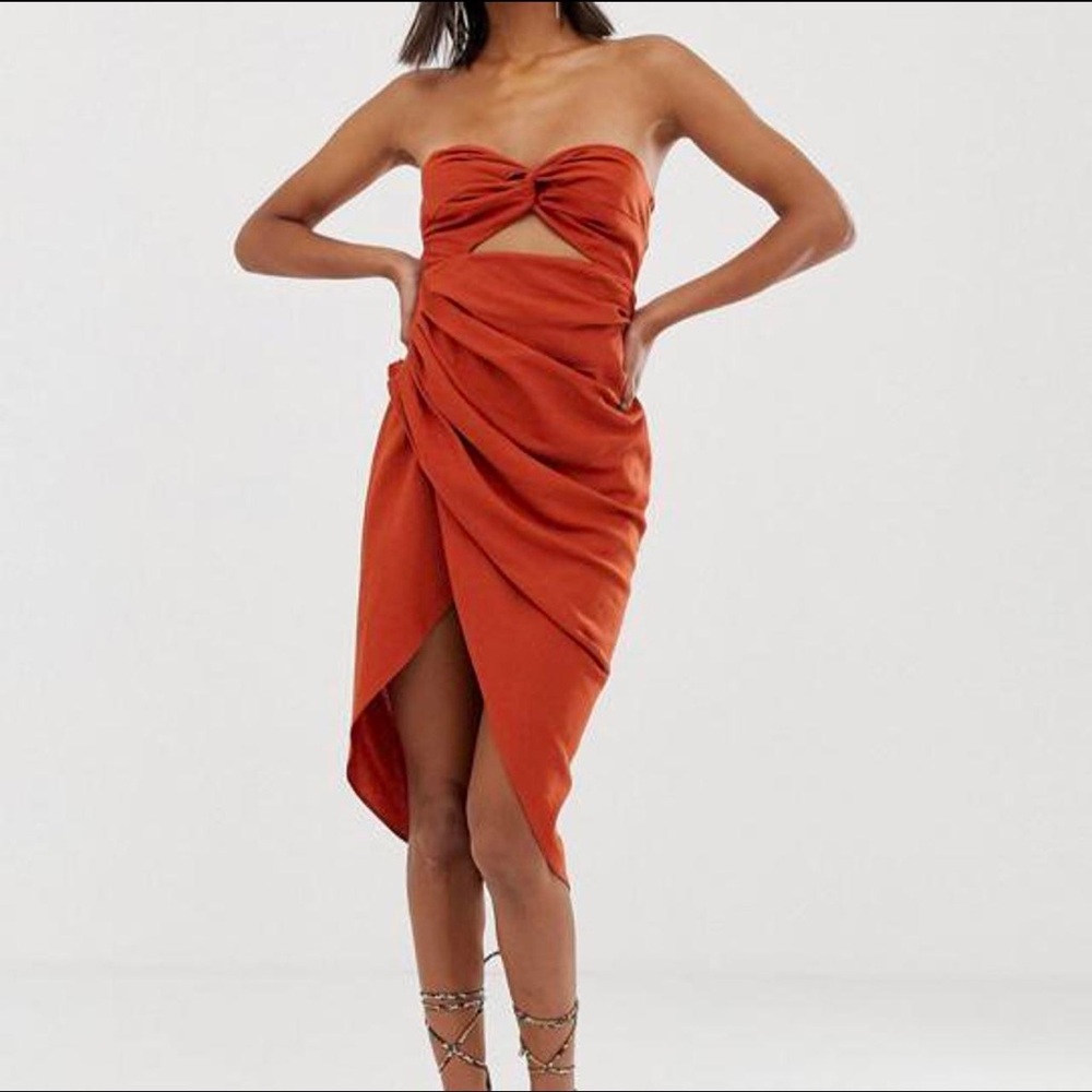 ASOS DESIGN Rust Linen Blend Bandeau Twist Front Draped Midi Dress US 2 - Picture 2 of 11